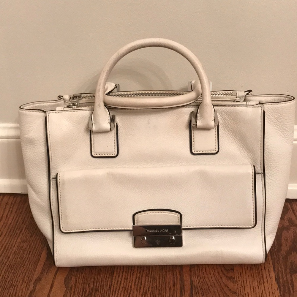 Michael Kors white leather purse black trim
